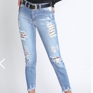 Vibrant Miu high rise distressed light wash cropped jeans